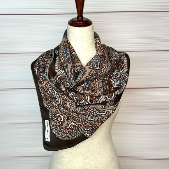 Gina Ruccini Square Scarf Brown Beige Paisley made in Italy - Picture 8 of 11